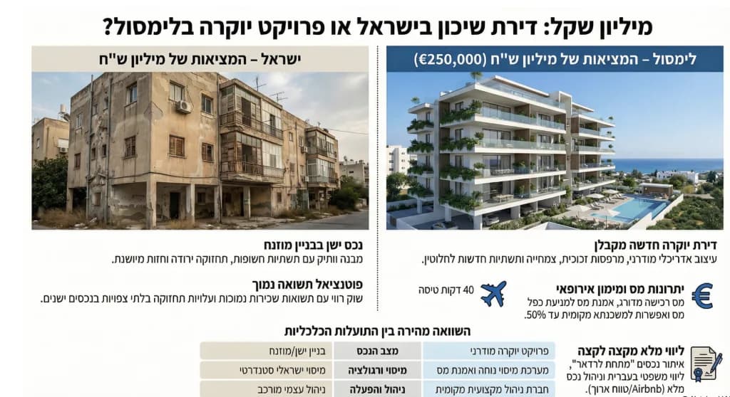 אינפוגרפיקה משווה בין דירת שיכון ישנה בישראל לפרויקט יוקרה חדש בלימסול תמורת מיליון שקל